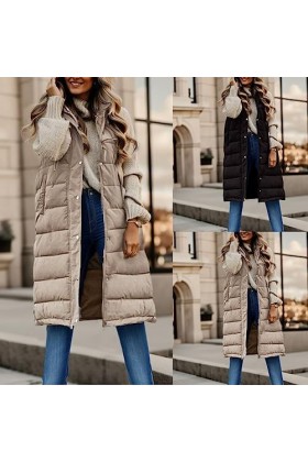 Gefomuofe Gilet long matelassé sans manches pour femme - Veste matelassée légère et longue - Veste de transition - Pour lété