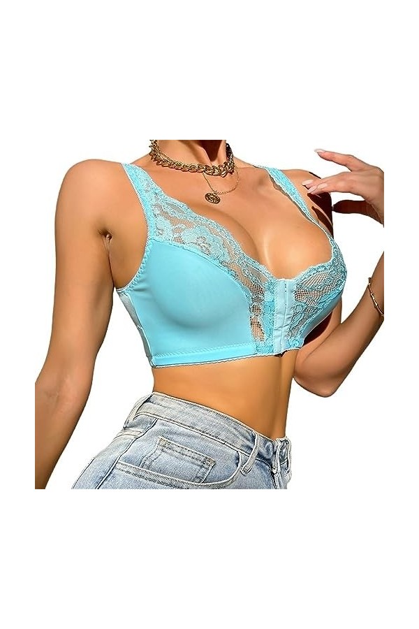 Femmes Sexy Dentelle Avant Bouton Soutien-Gorge Grande Taille sans Fil sous-vêtements Gilet Type Push Up Façonnage Bralette V