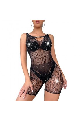 SNOMYRS Body en résille pour femme en maille filet avec strass