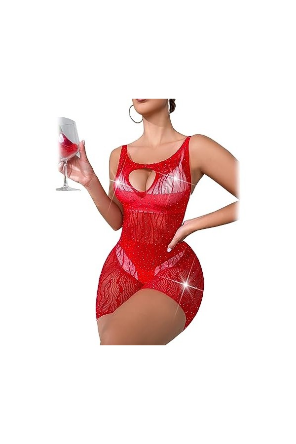 SNOMYRS Body en résille pour femme en maille filet avec strass