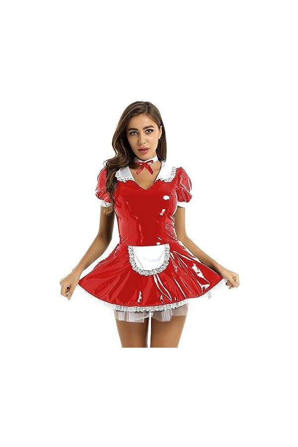 ranrann Déguisement Soubrette Sexy Femme Adulte Ensemble Cosplay Servante Robe Serveuse Costume Cuir Verni Robe Courte Erotiq