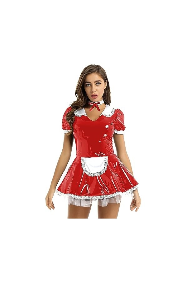 Alvivi Uniforme De Soubrette Française Femme Robe Similicuir Wetlook Déguisement Serveuse Femme De Ménage Costume Halloween C