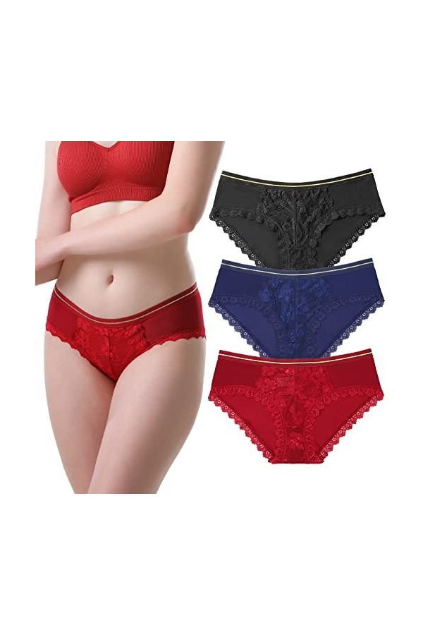 BIONEK Sous-vêtements en dentelle pour femme, culotte sexy en dentelle, culotte coquine, hipsters S-XL, lot de 6/lot de 3, Mu