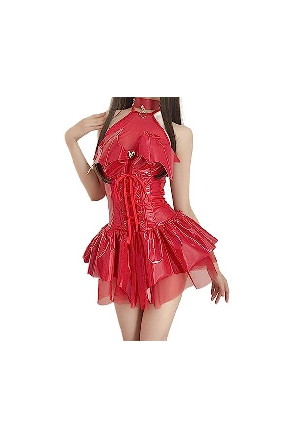 SHANHE Sexy Cosplay PU Robe Femmes Harajuku Streetwear Bandage Évider Chauves-Souris Robe Punk Y2k Mall Gothique Vêtements-Ro