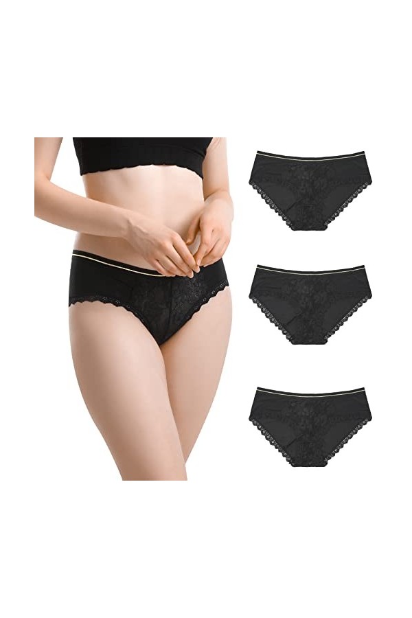 BIONEK Sous-vêtements en dentelle pour femme, culotte sexy en dentelle, culotte coquine, hipsters S-XL, lot de 6/lot de 3, Mu