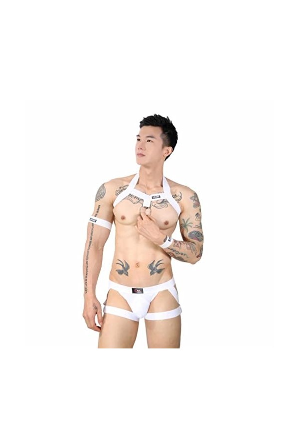 CHOUBAGUAI Ensemble de sous-vêtements sexy pour homme avec sangle dépaule et ceinture dos nu - Costume creux en métal - Blan