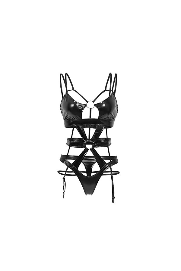 LOPILY Combinaison Sexy Dentelle sous-vêtements Sexy en Cuir PU laqué Brillant avec Fermeture à glissière pour Femmes Combina