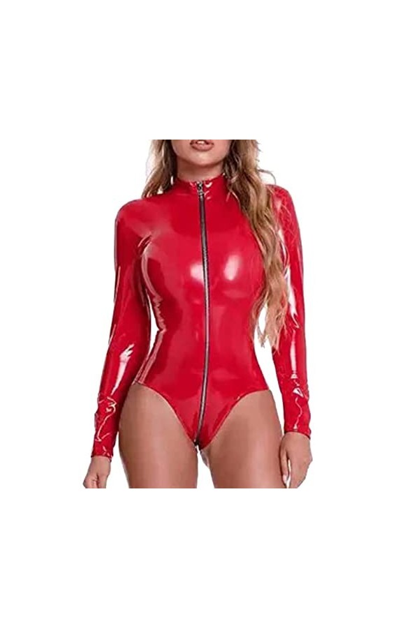 LOPILY Combinaison Sexy Dentelle sous-vêtements Sexy en Cuir PU laqué Brillant avec Fermeture à glissière pour Femmes Combina