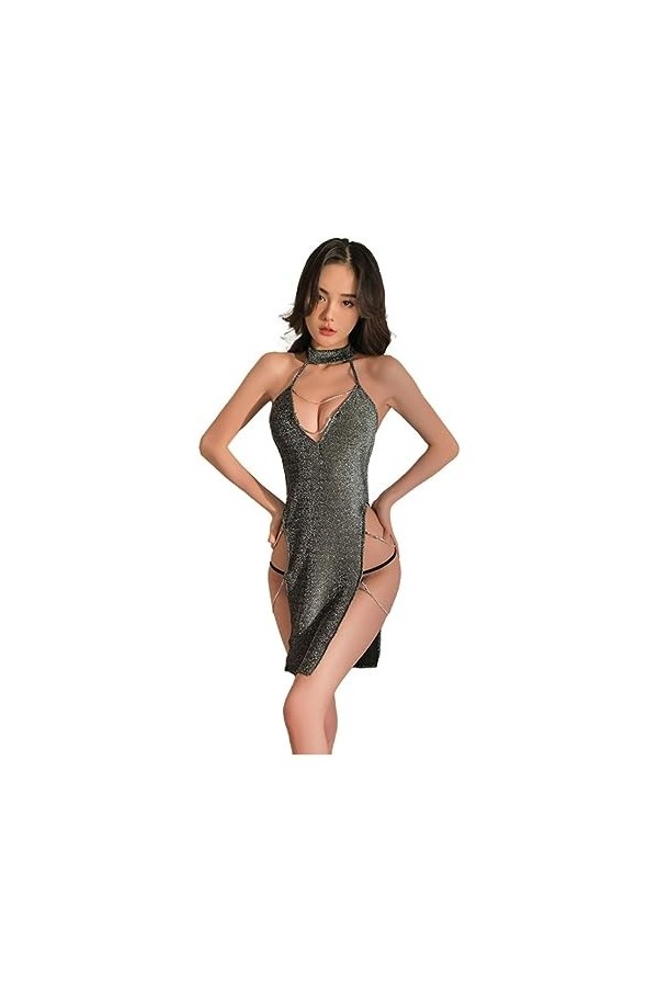 Lingerie amusante, sexy, argent brillant, évidé, boîte de nuit, jupe fendue, chaud, uniforme allure, pyjama noir 