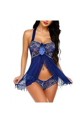 Lingerie Sexy Femme Babydoll Robe en Dentelle avec Culotte Deux Pièces Babydoll Lingerie Sexy Costume-Bleu-M