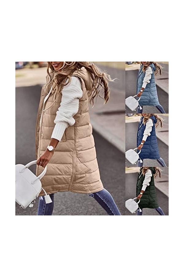 Gefomuofe Gilet long matelassé sans manches pour femme - Veste matelassée légère et longue - Veste de transition - Pour lété
