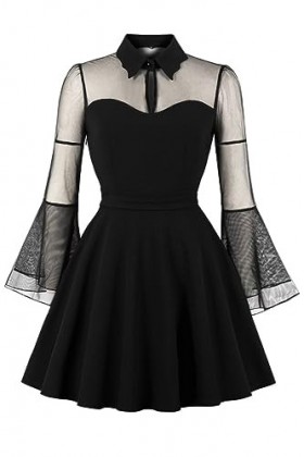 Ro Rox Desdemona Robe Swing Keyhole Maille Gothique Cloche Manches Sexy Transparent, Noir, 4XL