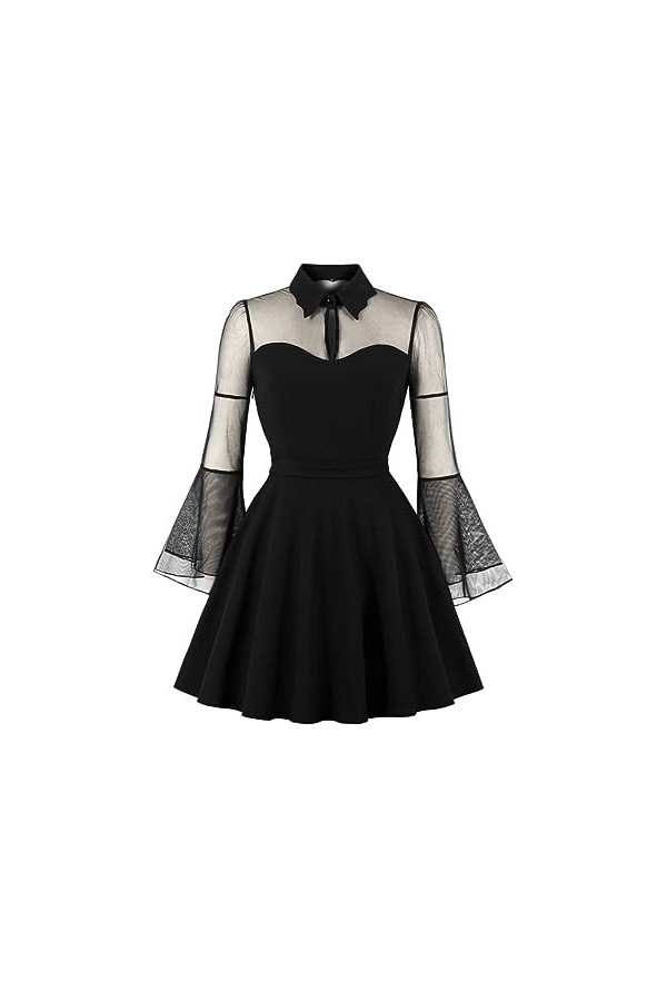 Ro Rox Desdemona Robe Swing Keyhole Maille Gothique Cloche Manches Sexy Transparent, Noir, 4XL