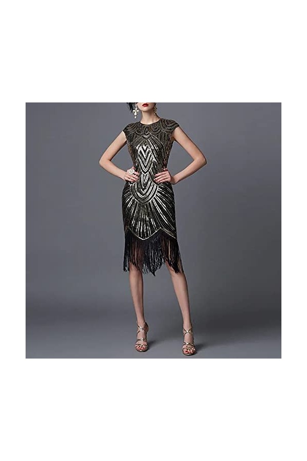 Robe Vintage Femme Robe Sexy sans Manches Années 1920 Paillettes Perlées Double Glands Soirée Robe Flapper Robe Robe Robe Noi