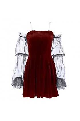 NHNKB Robe plissée sexy en maille transparente pour femme - Taille haute - Dos nu - Noir, rouge, S