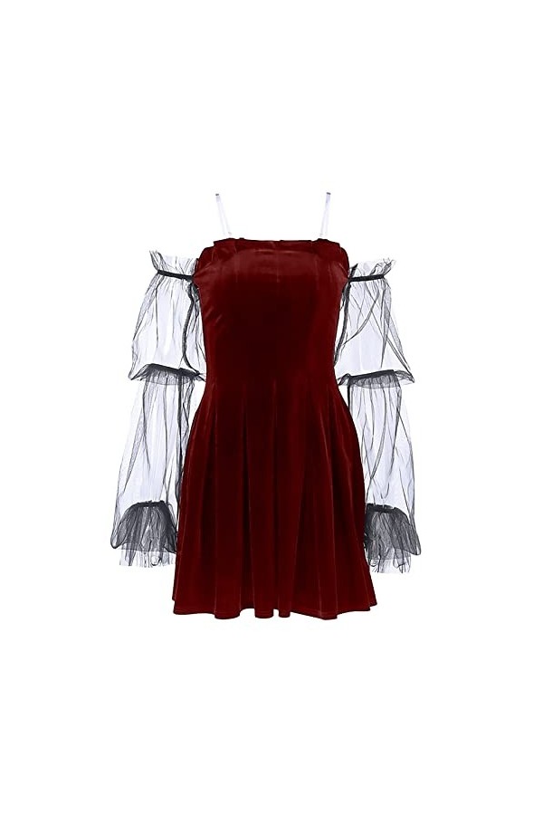 NHNKB Robe plissée sexy en maille transparente pour femme - Taille haute - Dos nu - Noir, rouge, S