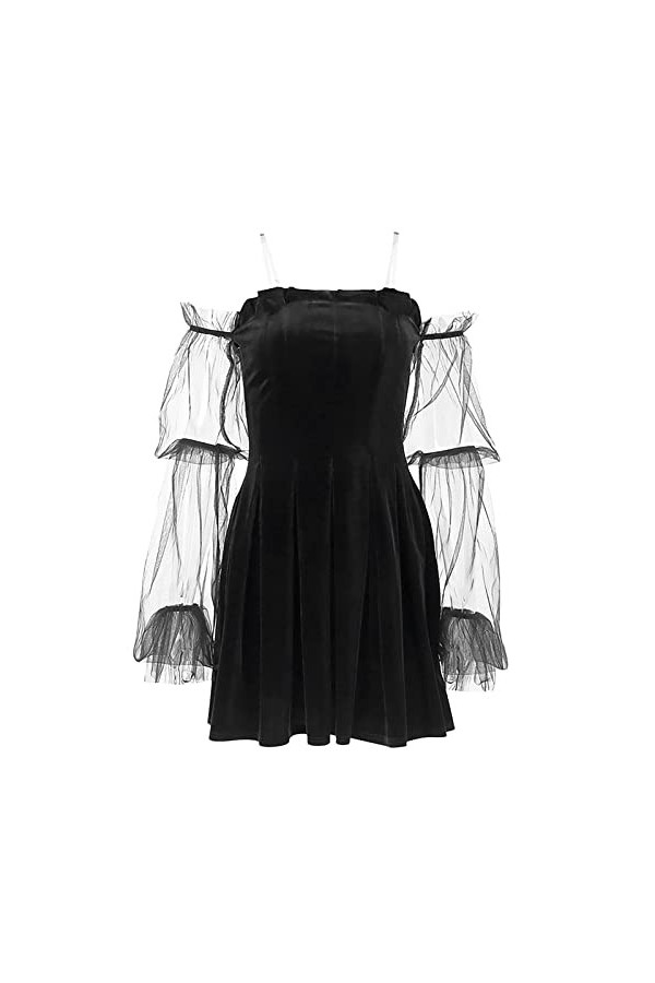NHNKB Robe plissée sexy en maille transparente pour femme - Taille haute - Dos nu - Noir, rouge, S