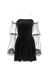 NHNKB Robe plissée sexy en maille transparente pour femme - Taille haute - Dos nu - Noir, rouge, S
