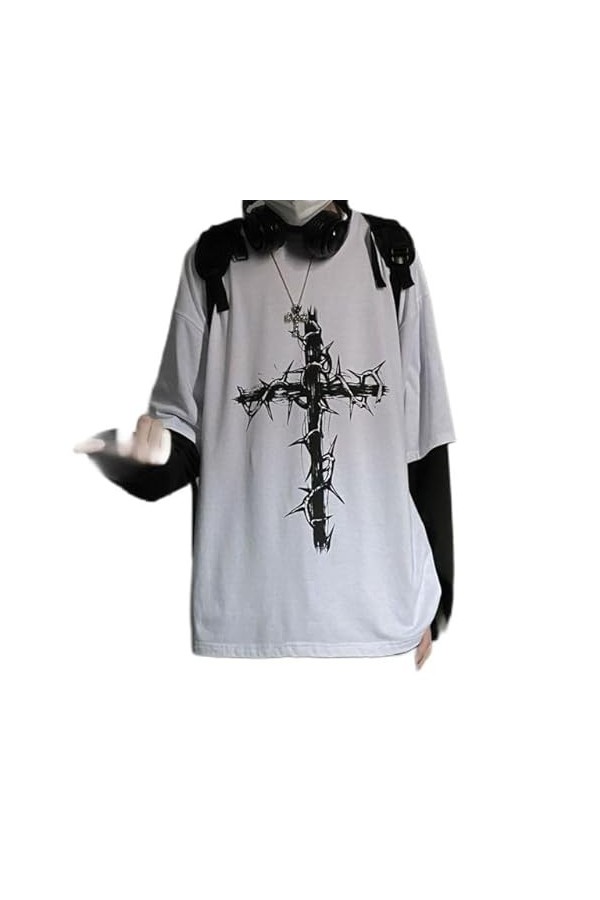 Style Goth T-Shirt Centre Commercial Goth Hauts Punk à Manches Longues T-Shirt surdimensionné Faux Deux pièces Mode de Rue St