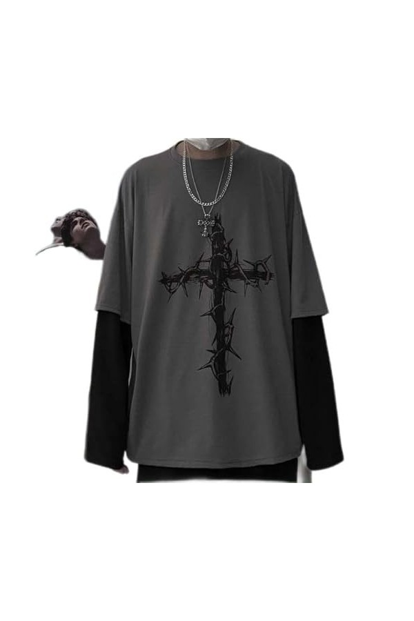 Style Goth T-Shirt Centre Commercial Goth Hauts Punk à Manches Longues T-Shirt surdimensionné Faux Deux pièces Mode de Rue St