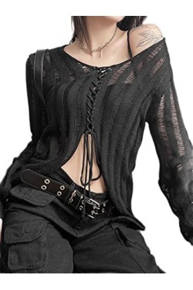 WSZJLN Voir à Travers Bandage Noir Casual Sexy Tricots T-Shirt Y2k À Manches Longues Streetwear Femmes Tops-Noir,M