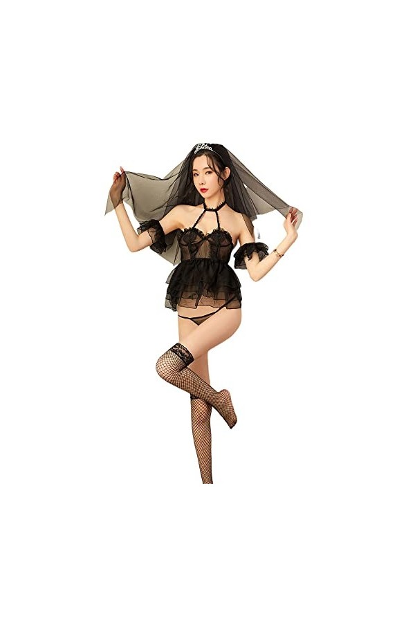 QNCLO Coiffe sexy en dentelle pour femme avec découpe en dentelle et costumade - Blanc et noir noir 