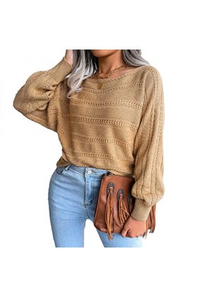 dsheng Haut en Tricot à épaules Dénudées, Respirant, à Manches Longues, Ample, à la Mode, à épaules Dénudées, Haut Creux, Moe