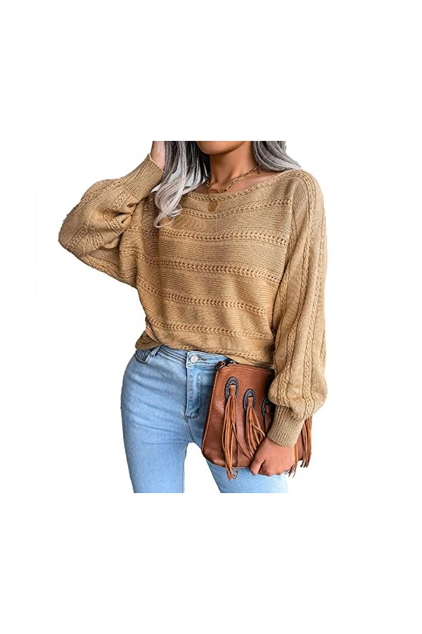 dsheng Haut en Tricot à épaules Dénudées, Respirant, à Manches Longues, Ample, à la Mode, à épaules Dénudées, Haut Creux, Moe