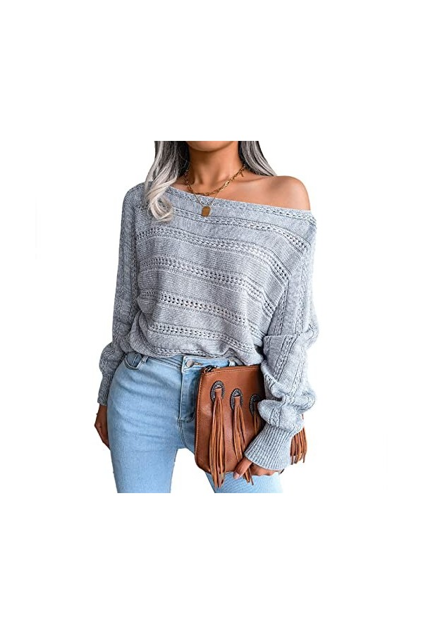 dsheng Haut en Tricot à épaules Dénudées, Respirant, à Manches Longues, Ample, à la Mode, à épaules Dénudées, Haut Creux, Moe