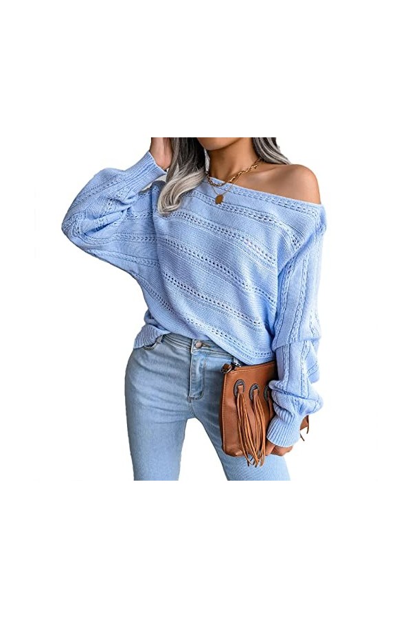 dsheng Haut en Tricot à épaules Dénudées, Respirant, à Manches Longues, Ample, à la Mode, à épaules Dénudées, Haut Creux, Moe