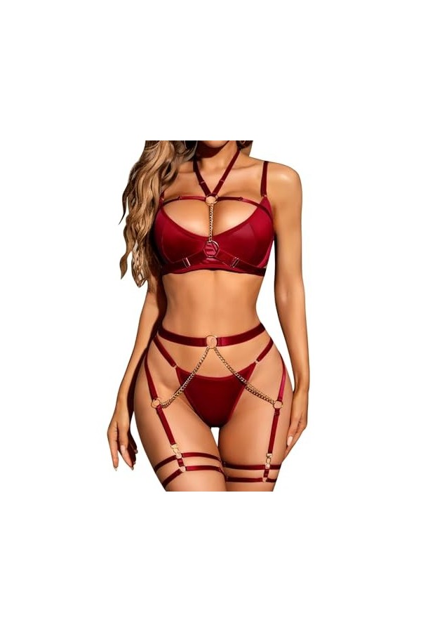 RSLOVE Ensemble de Lingerie Féminine avec Porte-Jarretelles Ensemble de Soutien-Gorge et de Culottes Sexy à Bretelles 6 Pièce