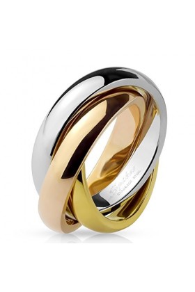 Les Plaisirs de Stella Bague en Acier Inoxydable 3 Tons Argenté, Doré, Rosé - 3 Anneaux Entrelacés - Largeur Totale 8mm - D