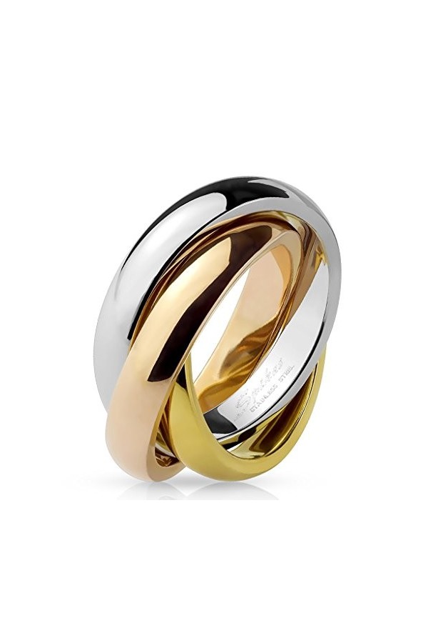 Les Plaisirs de Stella Bague en Acier Inoxydable 3 Tons Argenté, Doré, Rosé - 3 Anneaux Entrelacés - Largeur Totale 8mm - D