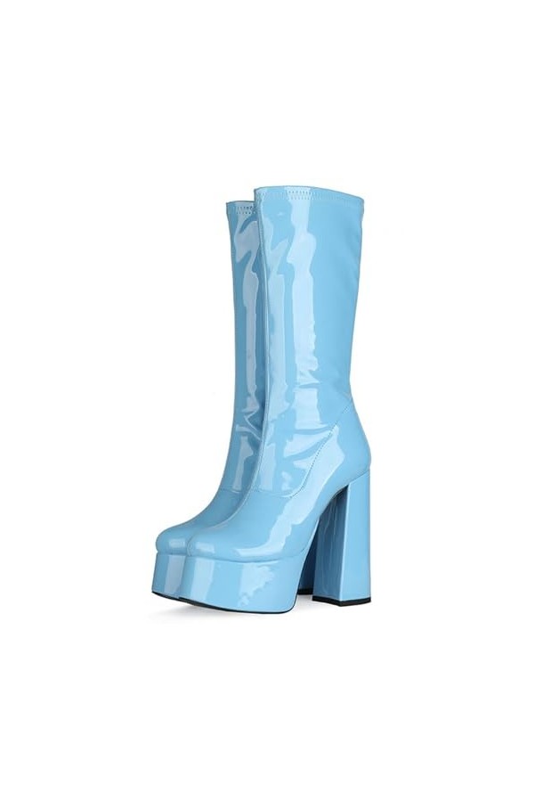 WOkismD 14.5CM / 5.7IN Round Toe Semelle épaisse Talon épais Cuir verni à la mode Super High Heel Knee-High Boots Bottes de g