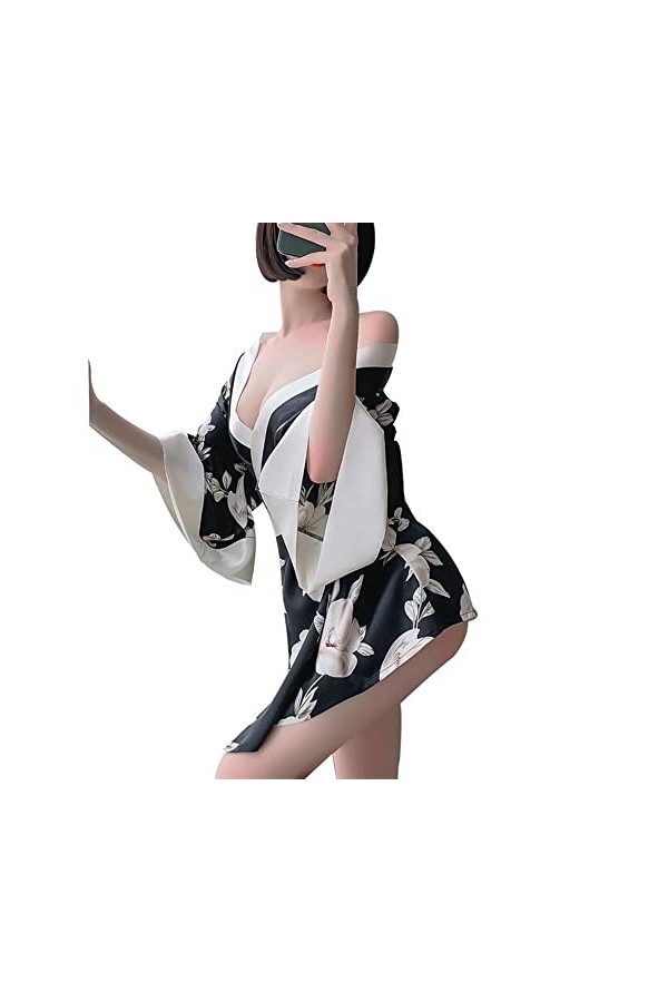 Cosplay Japonais Geisha Kimono Lingerie Sexy Cardigan Imprimé Taille Serrée Costume Yukata, rouge 1, taille unique