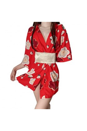 Cosplay Japonais Geisha Kimono Lingerie Sexy Cardigan Imprimé Taille Serrée Costume Yukata, rouge 1, taille unique