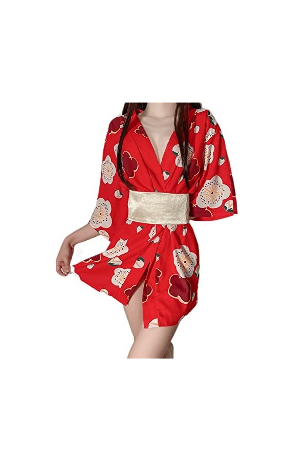 Cosplay Japonais Geisha Kimono Lingerie Sexy Cardigan Imprimé Taille Serrée Costume Yukata, rouge 1, taille unique