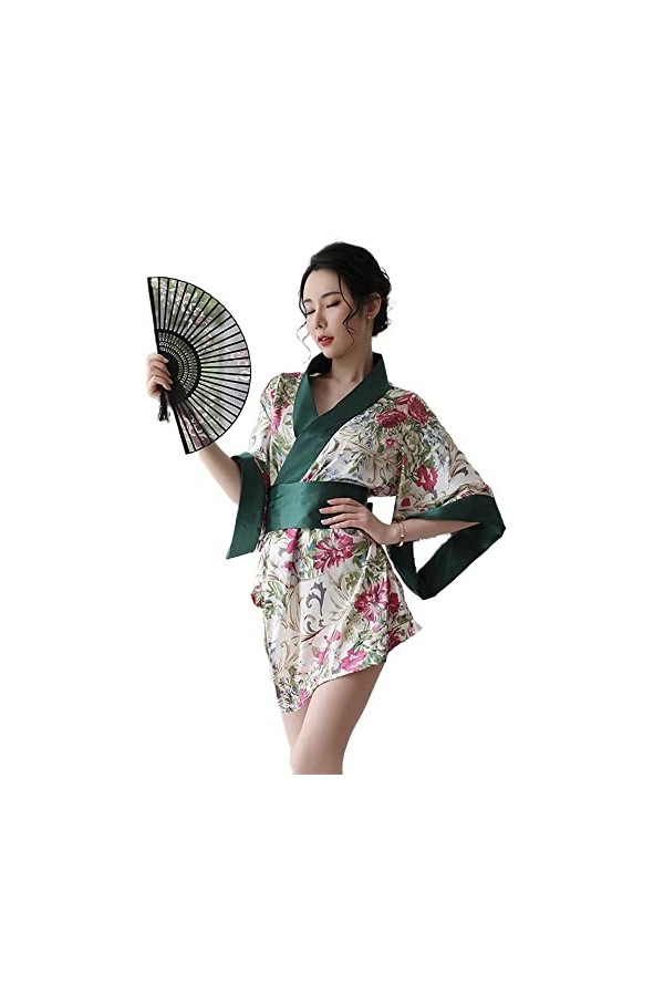 Cosplay Japonais Geisha Kimono Lingerie Sexy Cardigan Imprimé Taille Serrée Costume Yukata, rouge 1, taille unique