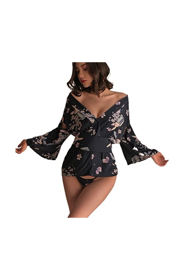 Cosplay Japonais Geisha Kimono Lingerie Sexy Cardigan Imprimé Taille Serrée Costume Yukata, rouge 1, taille unique