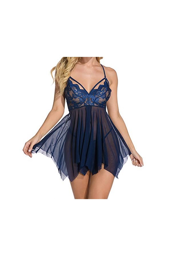 KELITCH Nuisette Sexy en Dentelle pour Femmes Nuisette en Maille sous-vêtements String Ensemble de vêtements de Nuit
