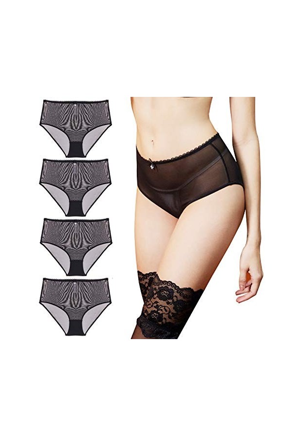 varsmiss Culotte Femme Lot De 4 Taille Haute Slip sous-vêtements Sexy en Maille Transparente Noir-Lot de 4,XXL 