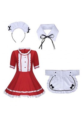 DUHGBNE Robe Costume de soubrette en coton mélangé Bowknot Col amovible Costume de fête-fille rouge, S 