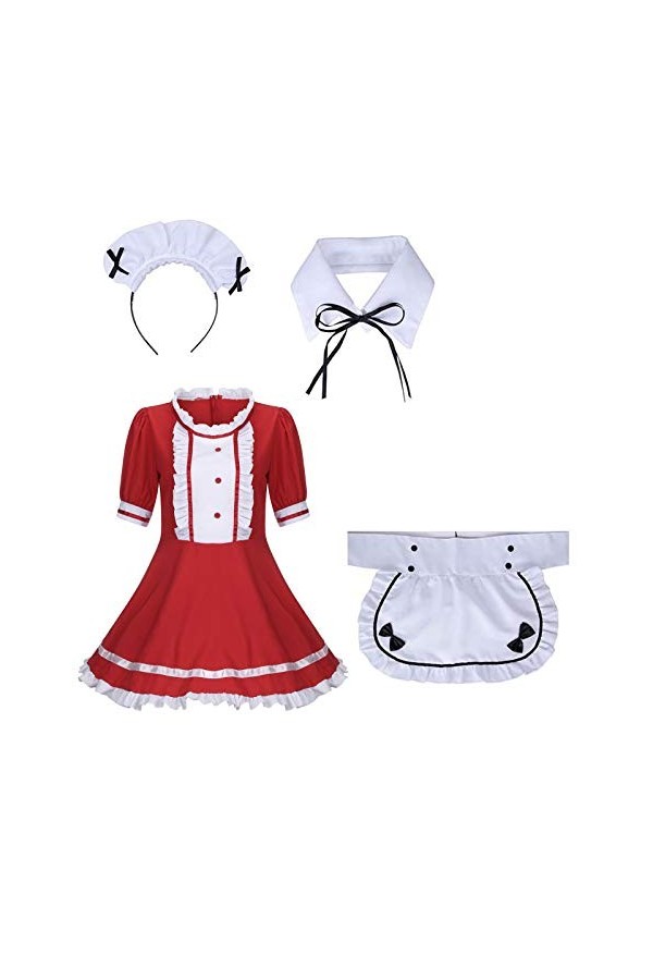 DUHGBNE Robe Costume de soubrette en coton mélangé Bowknot Col amovible Costume de fête-fille rouge, S 