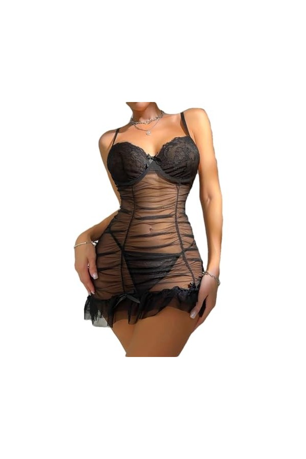 ZTIANEF Lingerie Sexy Homme Robe Sexy Lingerie Dentelle Florale Chemise De Nuit Transparente Col en V Vêtements De Nuit sous-