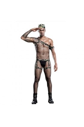 Ensemble de Lingerie en Maille Transparente pour Hommes Costumes érotiques de Soldat Cosplay Body Complet Sous-Vêtements Exte