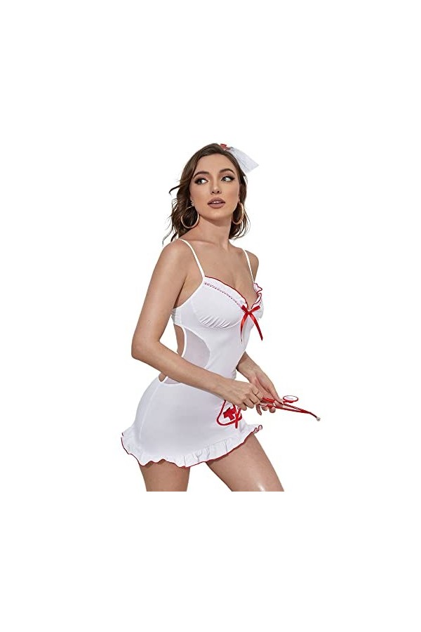 Girspov Ensemble de lingerie sexy pour femme - Tenue de nuit pour infirmière - Costume de jeu de rôle - Mini robe blanc 