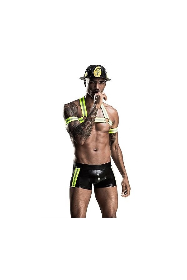 PSKSER Lingerie Sexy Pour Hommes, Costume De Cosplay Uniforme Sexy De Pompier, Body À Manches Courtes, Combinaisons En Cuir, 