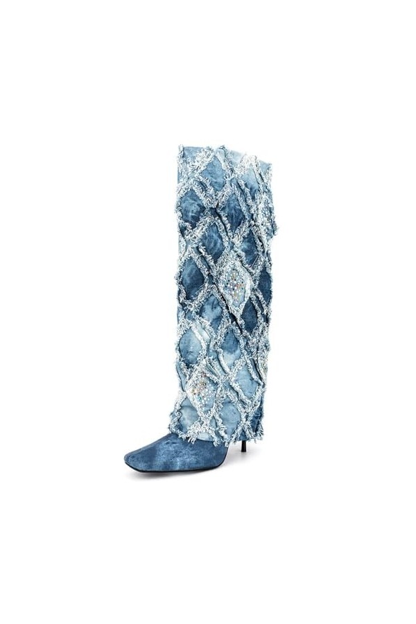 WOkismD 10CM / 3.93IN À La Mode Brodé Denim Carré Toe Strass Stiletto Talon Grande Taille Mi-Mollet Bottes,Bleu,45 EU