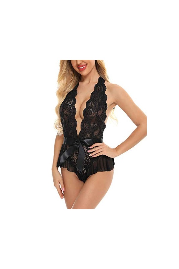 KELITCH Body en Dentelle pour Femmes Sexy col en v Dos Nu Lingerie Une pièce Garniture Combinaison Teddy Nuisette vêtements d