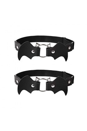 alisikee Lot de 2 jarretelles réglables en cuir chauve-souris élastique punk pour femme Noir, Noir , taille unique